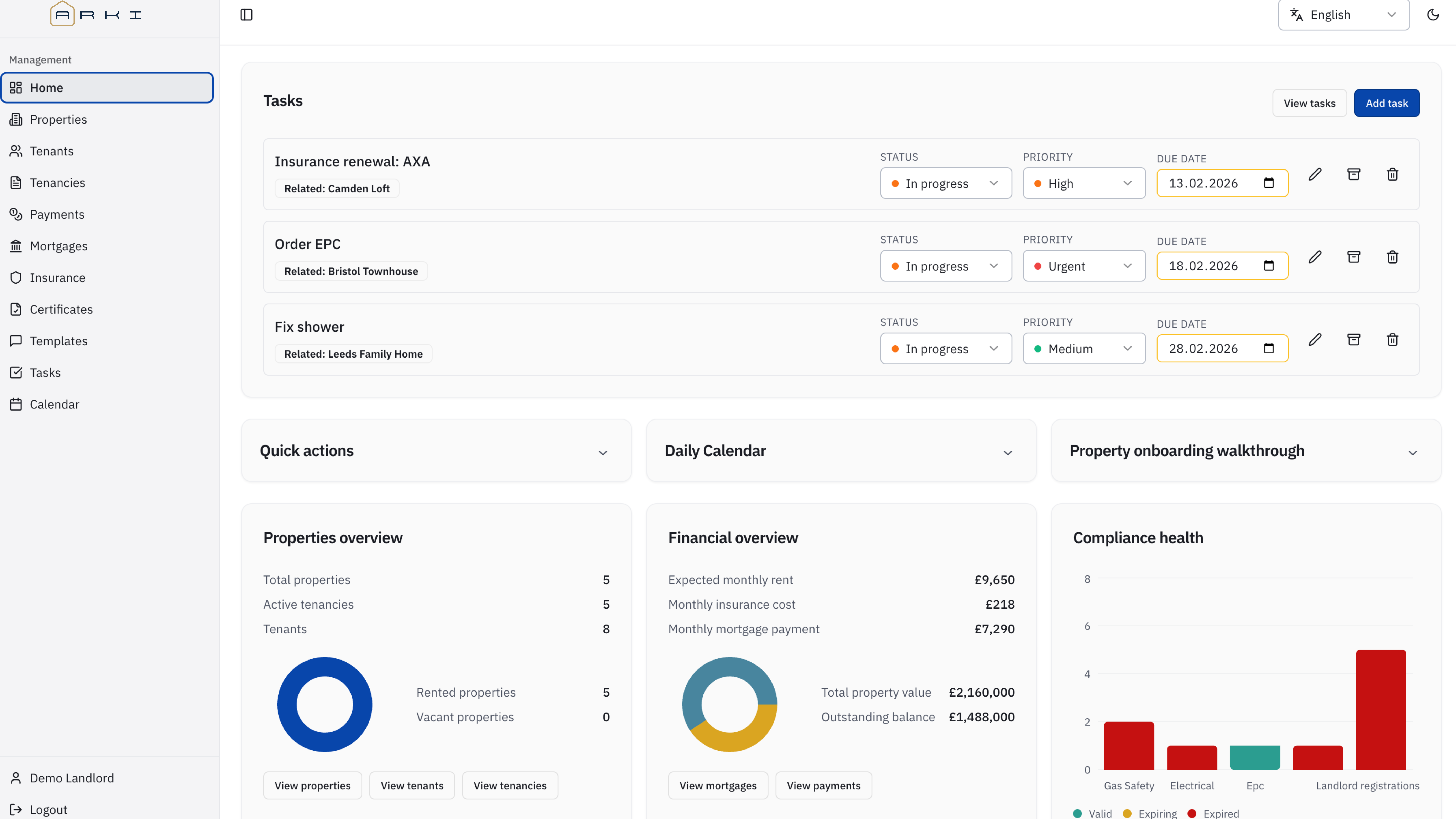 Arki dashboard showing task management and property overview