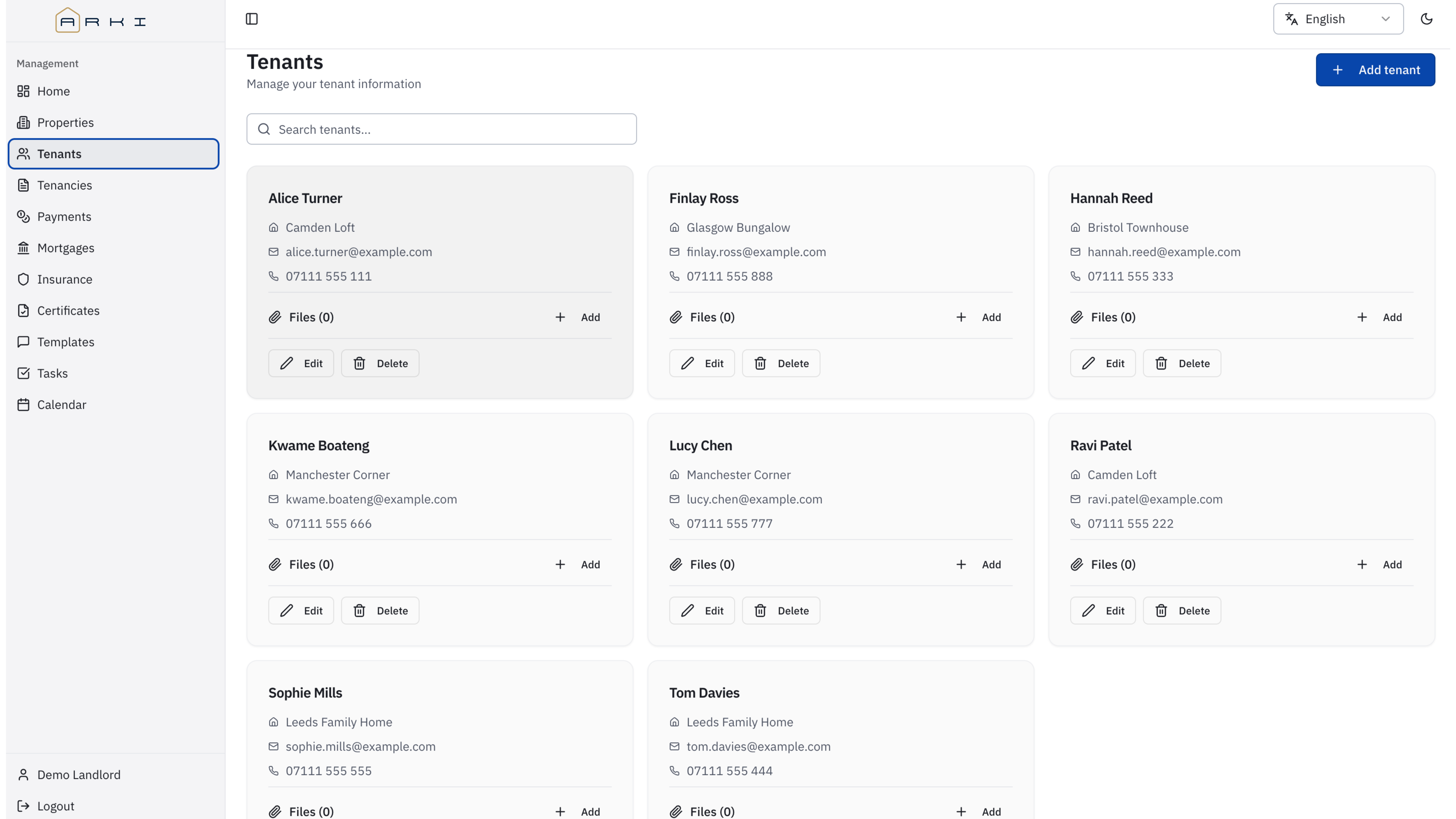 Tenants page screenshot