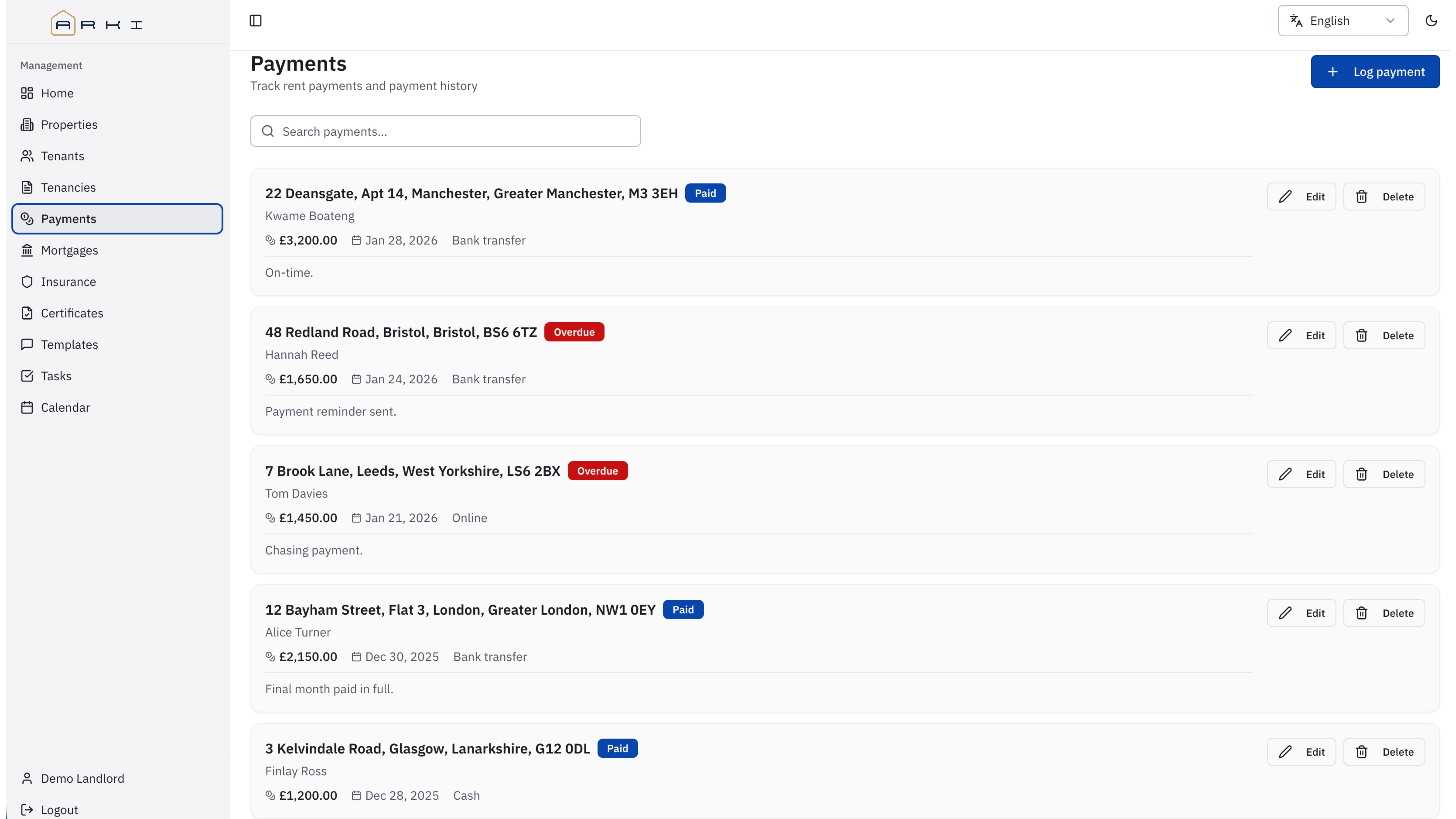 Payments page screenshot