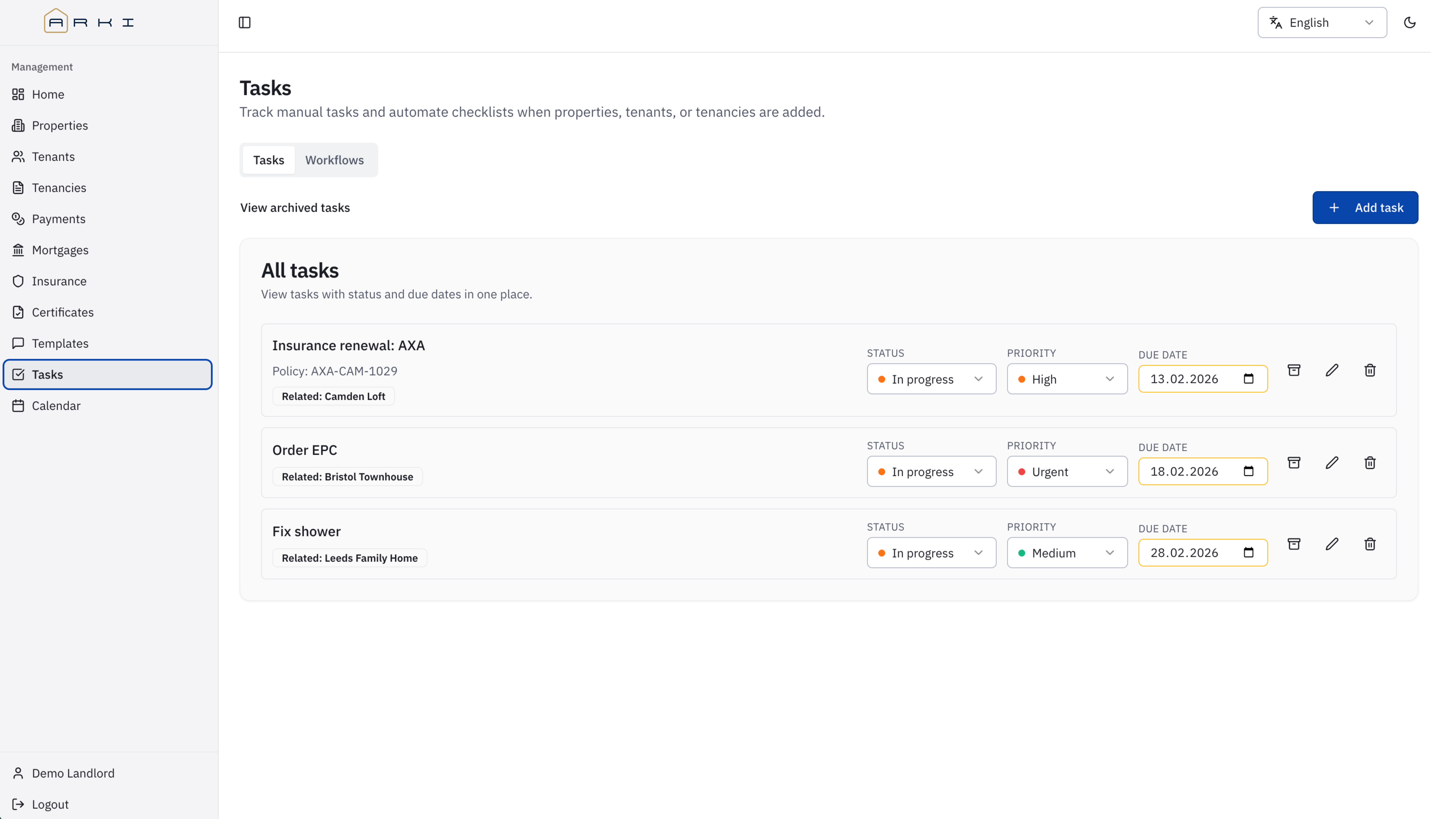 Tasks page screenshot